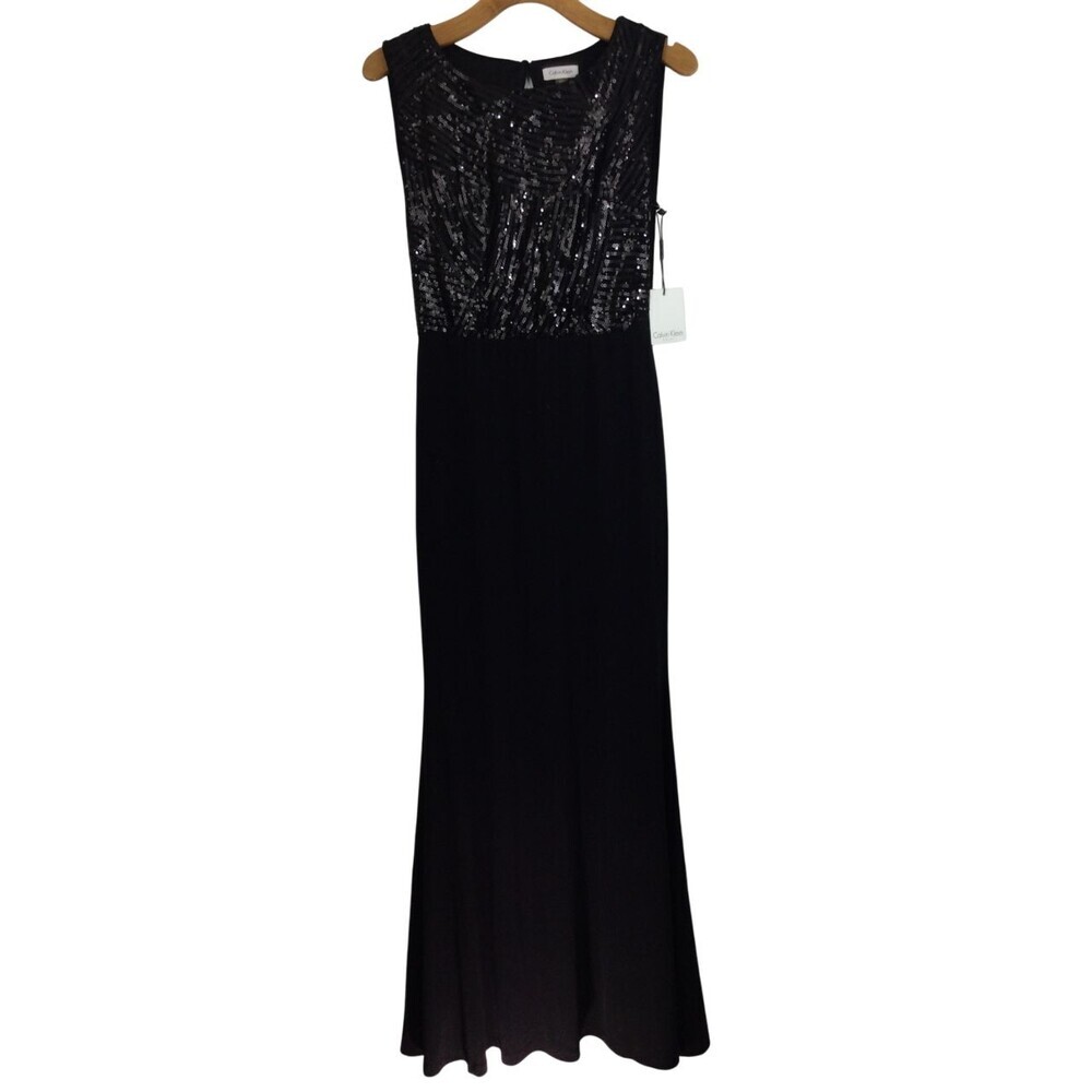 Calvin Klein Womens Sequin Sleeveless Round Neck Blouson Gown Dress Black 6 NWT